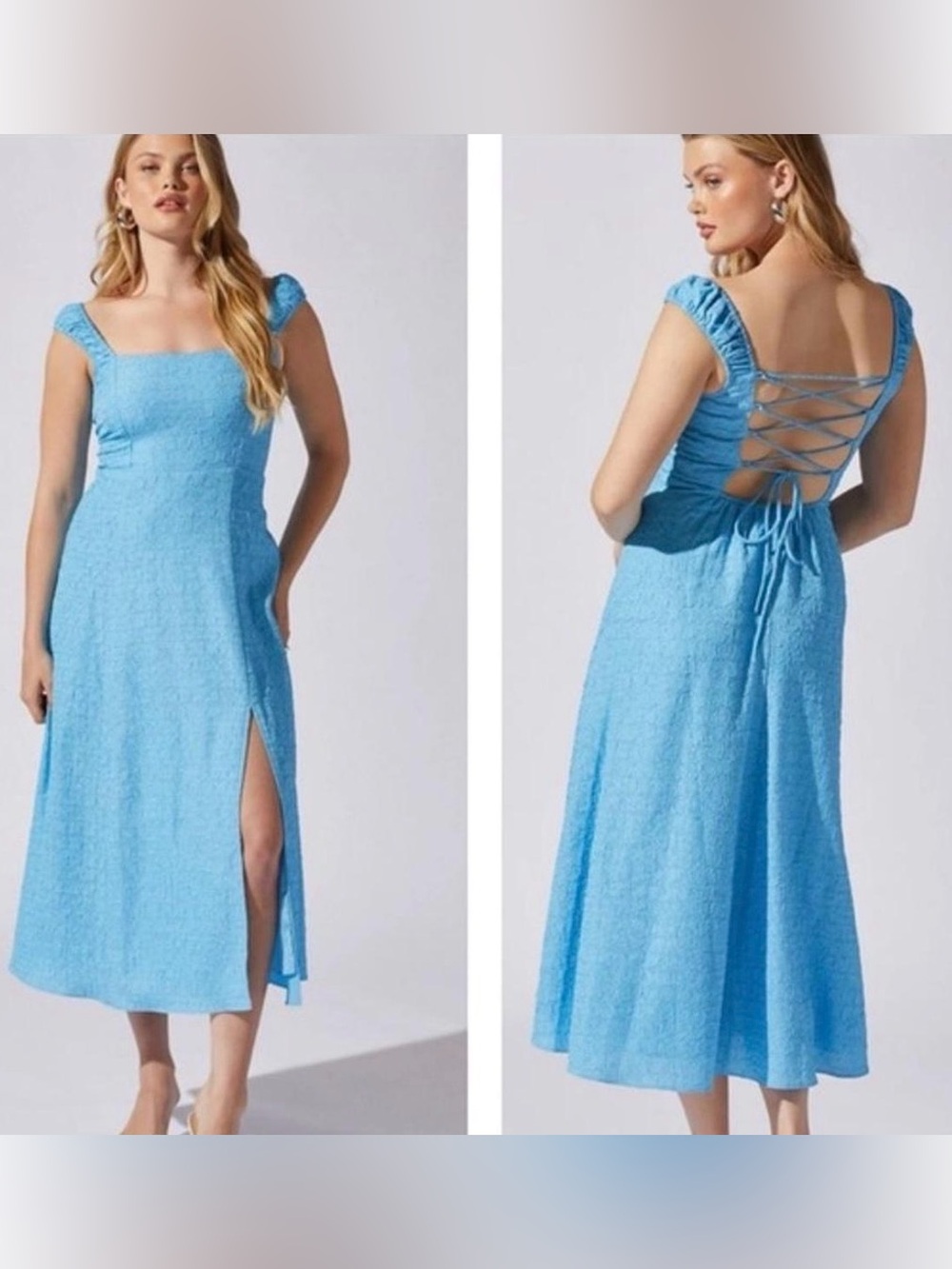 Bright Blue Crinkle Textured Sleeveless Midi Dress